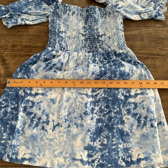 Reformation size Medium 100% Linen Blue Dyed Mini Dress Smocked Western Beachy - Picture 6 of 10